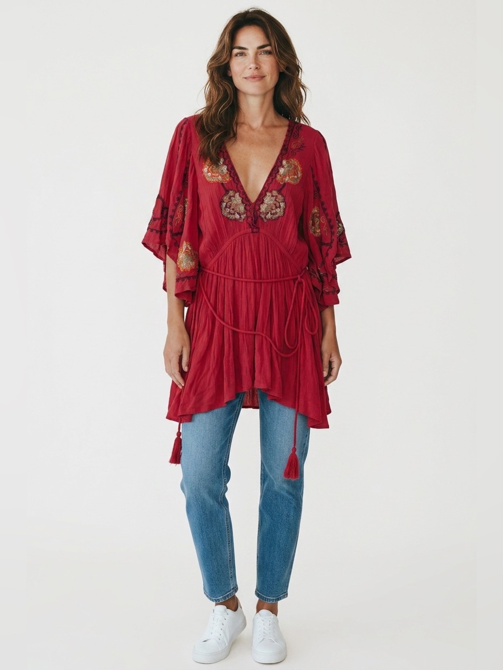 Free People Fiery Red Flutter Sleeve Boho Blouse